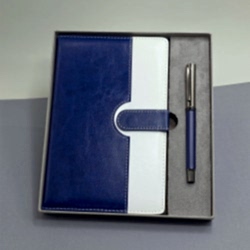 Toptan Mavi Beyaz Deri Kapaklı Defter Ve Metal Kalem Set