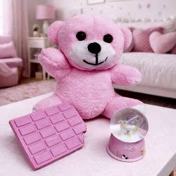 Toptan Pembe Peluş Ayıcık Kar Küresi Ve Pembe Çikolata Not Defteri