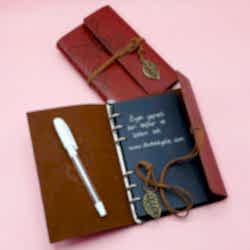 Toptan Kahverengi Siyah Yapraklı Deri Defter Ve Beyaz Jel Kalem Set